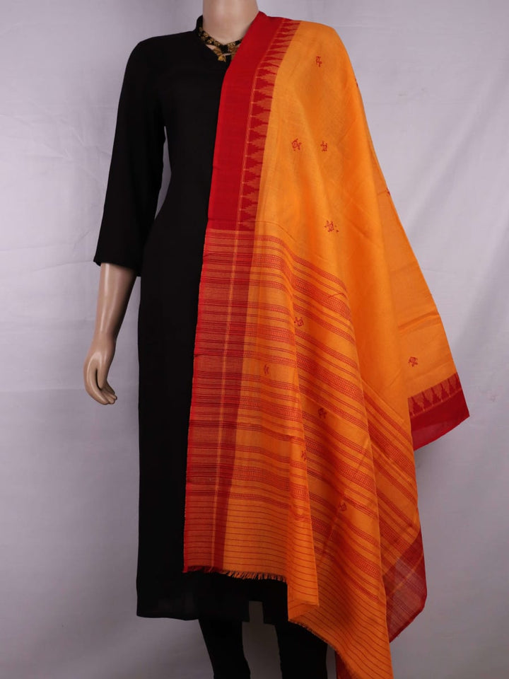 Sambalpuri Cotton Dupatta in Yellow and Red with intricate Butta pattern, styled and draped in an elegant manner