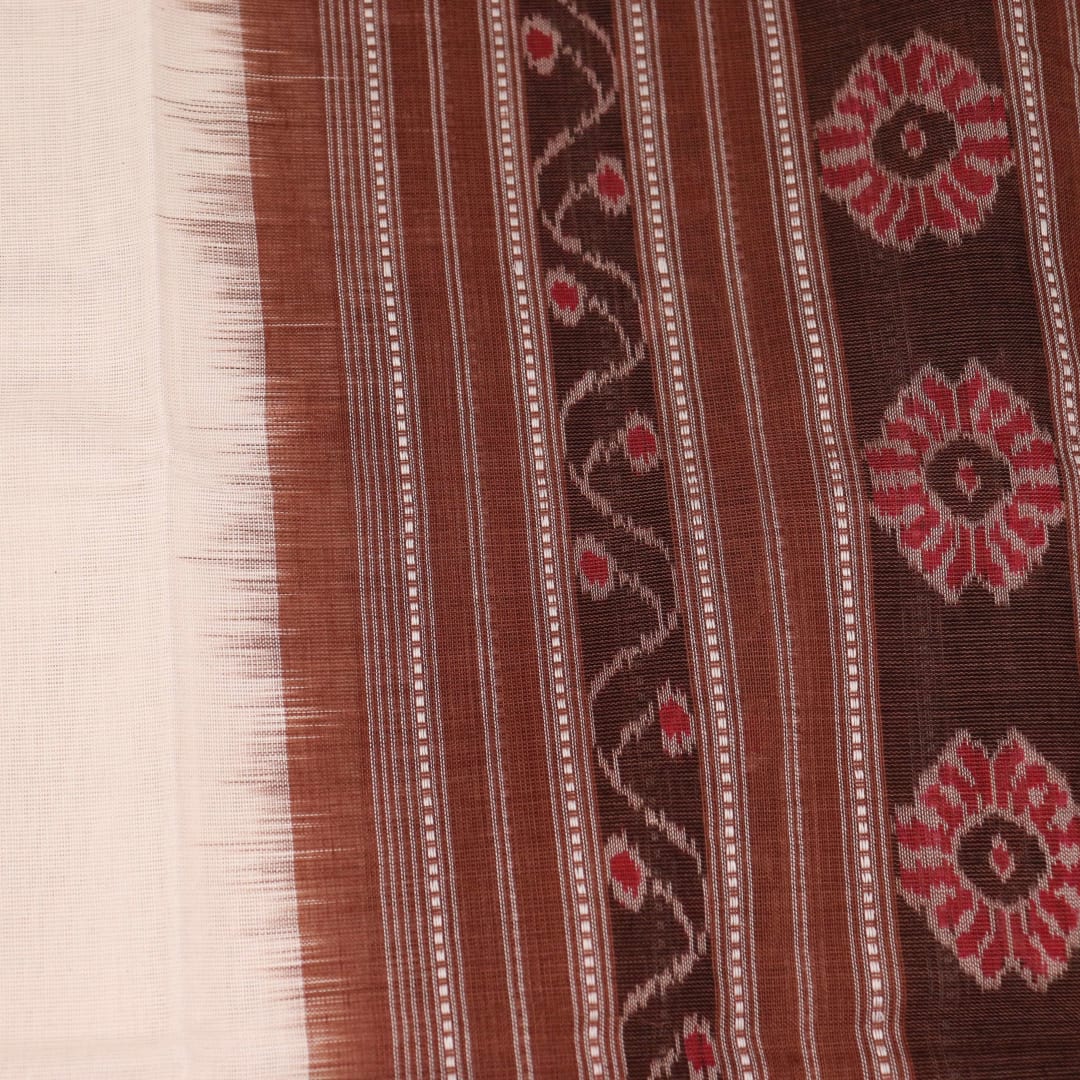 White and Brown Cotton Sambalpuri Dupatta with Butta Pattern, Draped and Styled