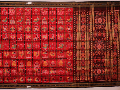 Red and black silk Khandua saree with Nabakothi pattern, styled or draped view showing the overall look.