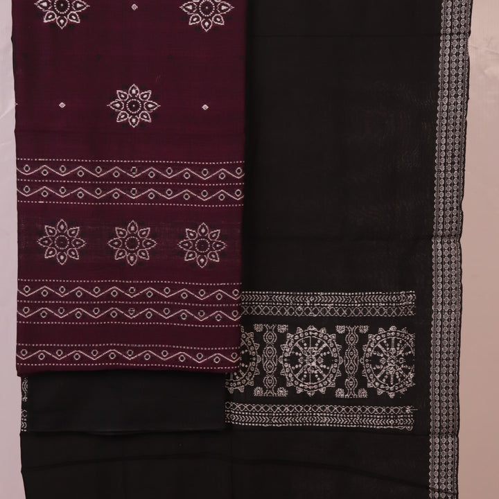 Matching black and purple Bomkai Cotton blouse piece with coordinating butta pattern.