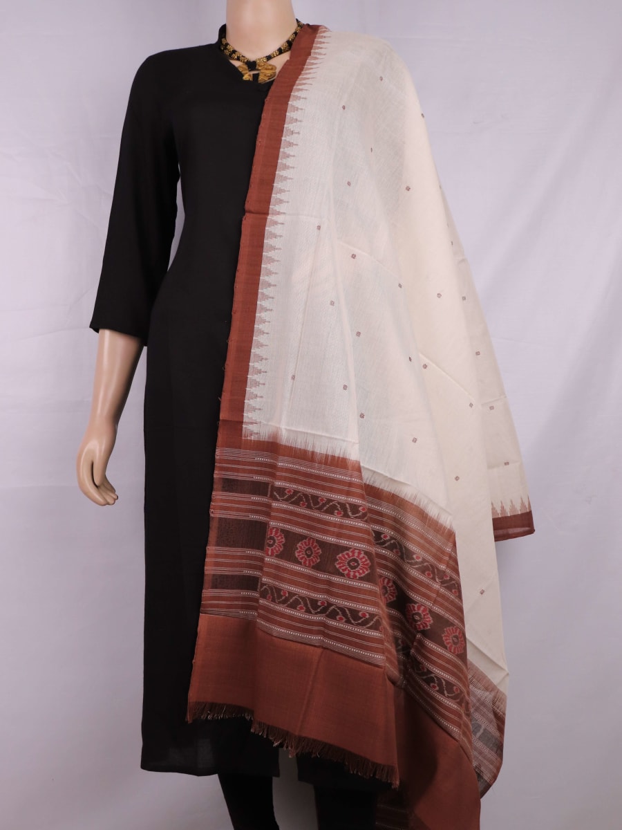 White and Brown Cotton Sambalpuri Dupatta with Butta Pattern, Draped and Styled