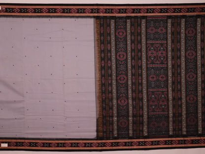 Full view of a grey cotton Sambalpuri saree with black butta pattern