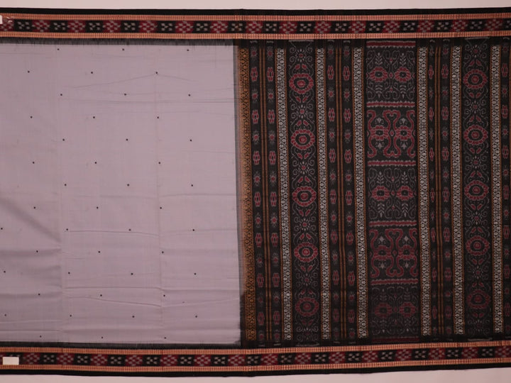 Full view of a grey cotton Sambalpuri saree with black butta pattern