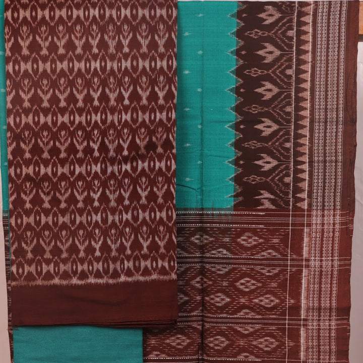 Close-up of the brown and green Sambalpuri cotton dress material's blouse piece with motifs.