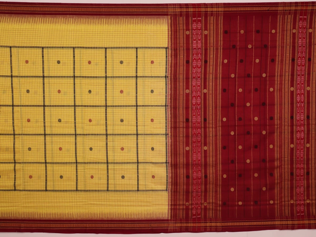 Full view of yellow and maroon cotton Sambalpuri saree featuring a butta pattern.