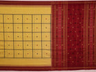 Full view of yellow and maroon cotton Sambalpuri saree featuring a butta pattern.
