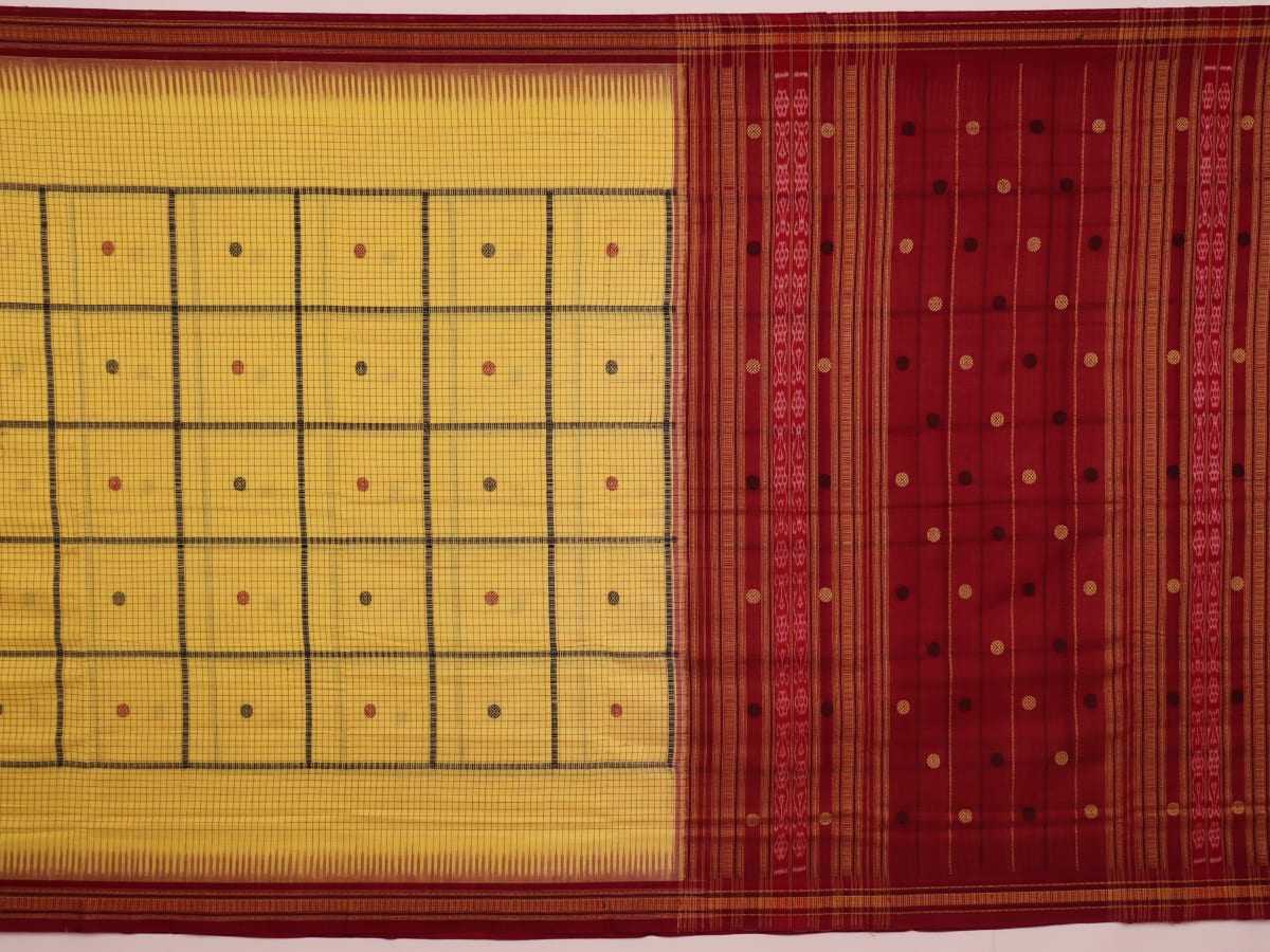 Full view of yellow and maroon cotton Sambalpuri saree featuring a butta pattern.