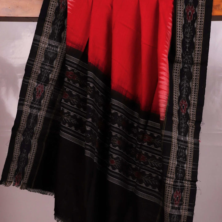 Image 5: Styled view of a Red and Black plain-patterned Sambalpuri Cotton Dupatta