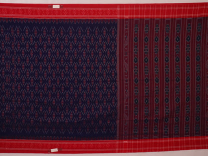 Gracefully draped blue Sambalpuri cotton saree with red motifs, highlighting its design and flow.