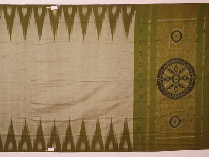 Plain green Sambalpuri cotton saree, showcasing elegant drape.