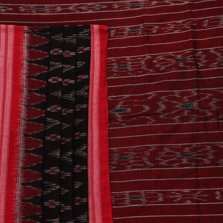 Model wearing a black and red Sambalpuri cotton saree, showing drape and overall style.