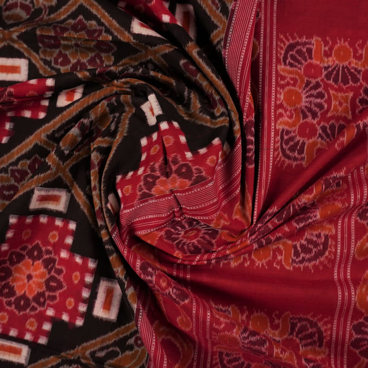 Full view of the red and multicolor Sambalpuri cotton saree displaying the entire Pasapalli layout