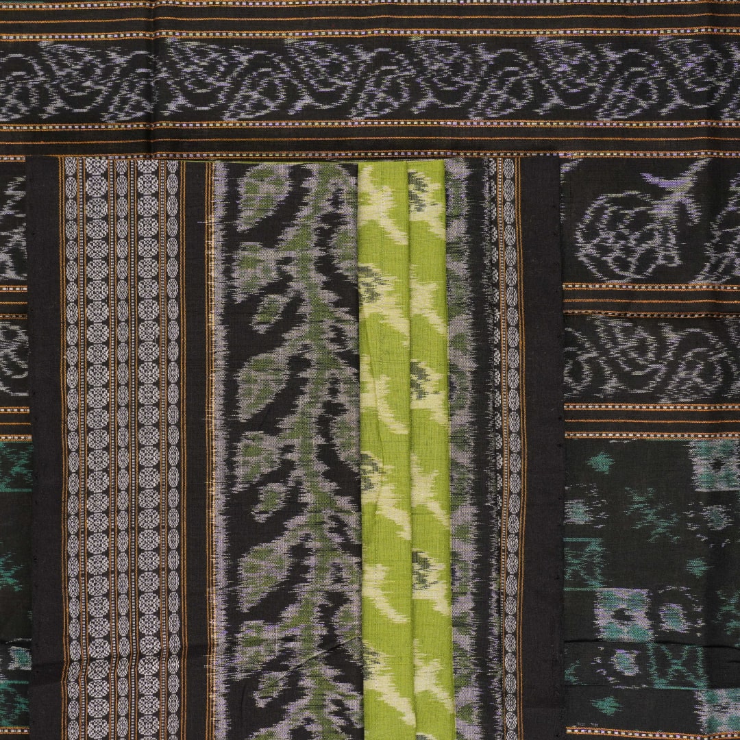 Full flat layout of the green and black Sambalpuri cotton saree with detailed motifs and pallu design