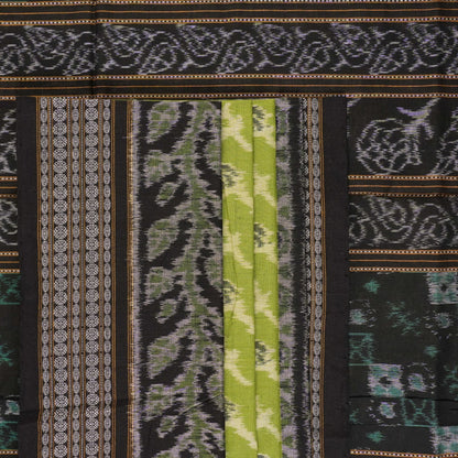 Full flat layout of the green and black Sambalpuri cotton saree with detailed motifs and pallu design