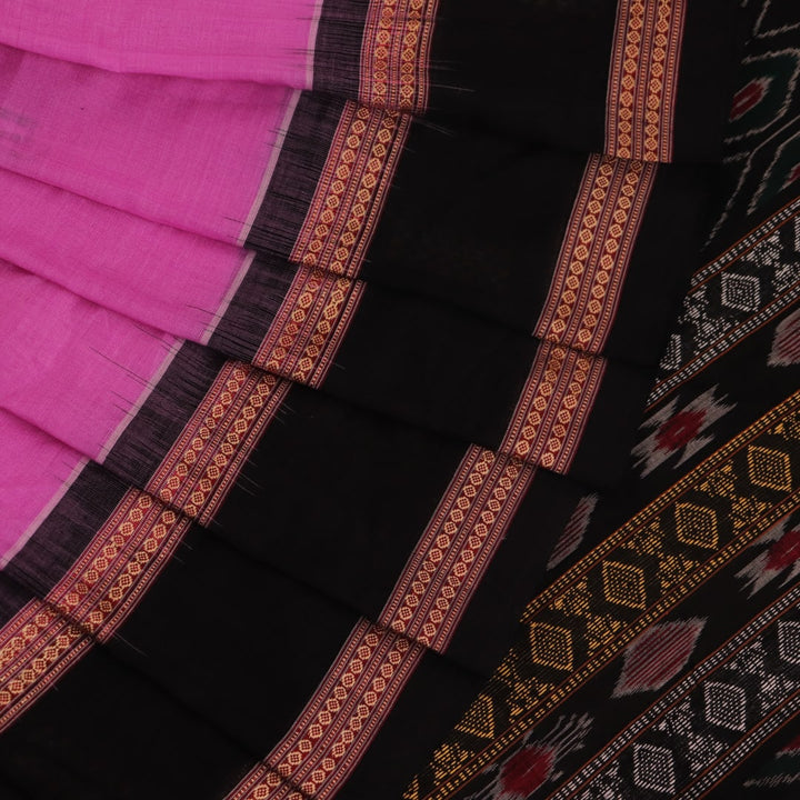 Full-length view of a pink Bomkai cotton saree featuring black butta patterns.