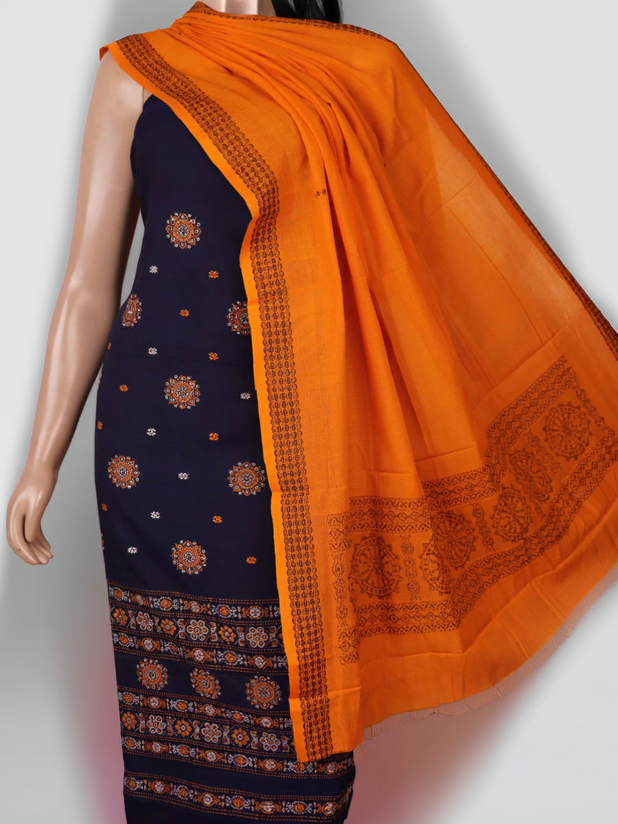 Detailed view of the matching blue and black Bomkai Cotton dress material blouse piece.