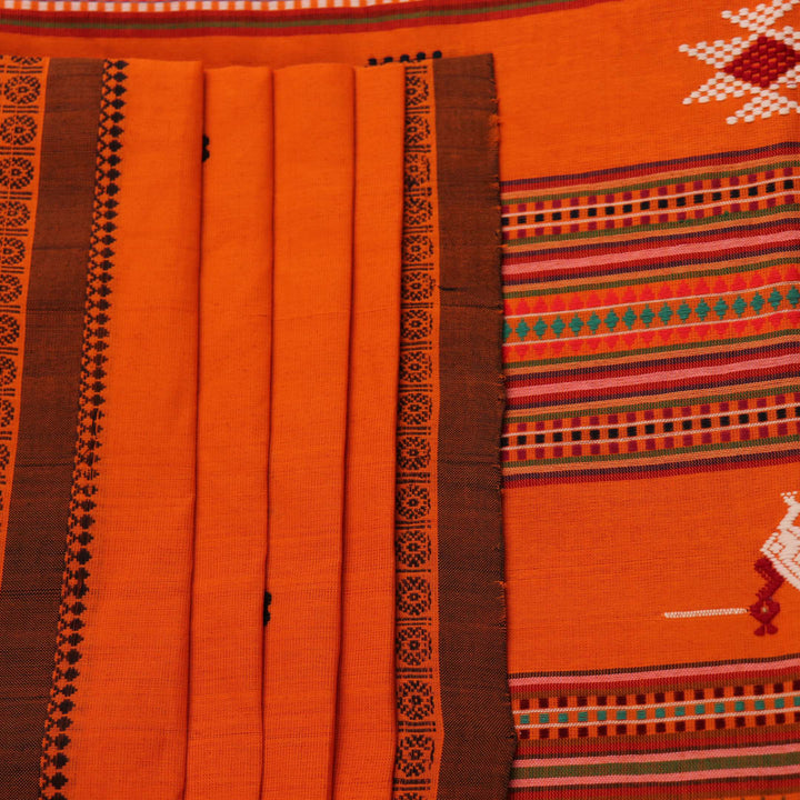 Full-length view of an orange cotton Berhampuri saree with a butta pattern and broad orange borders.