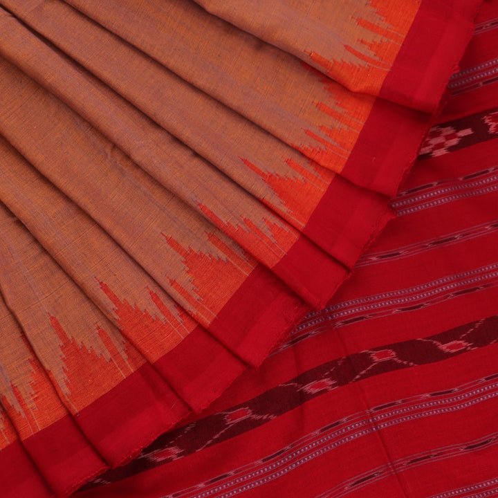Handloom multi-color red plain Sambalpuri cotton saree, full product view.