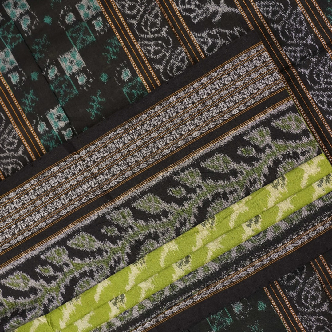 Full flat layout of the green and black Sambalpuri cotton saree with detailed motifs and pallu design
