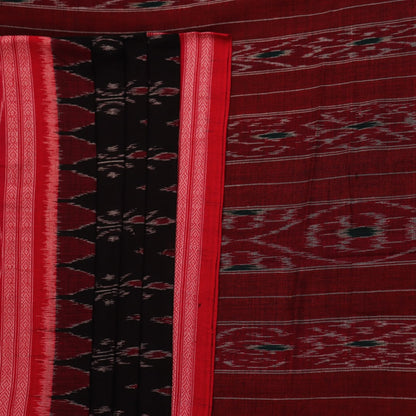 Black cotton Sambalpuri saree with red motifs, draped on a model