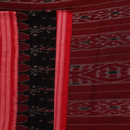 Black cotton Sambalpuri saree with red motifs, draped on a model