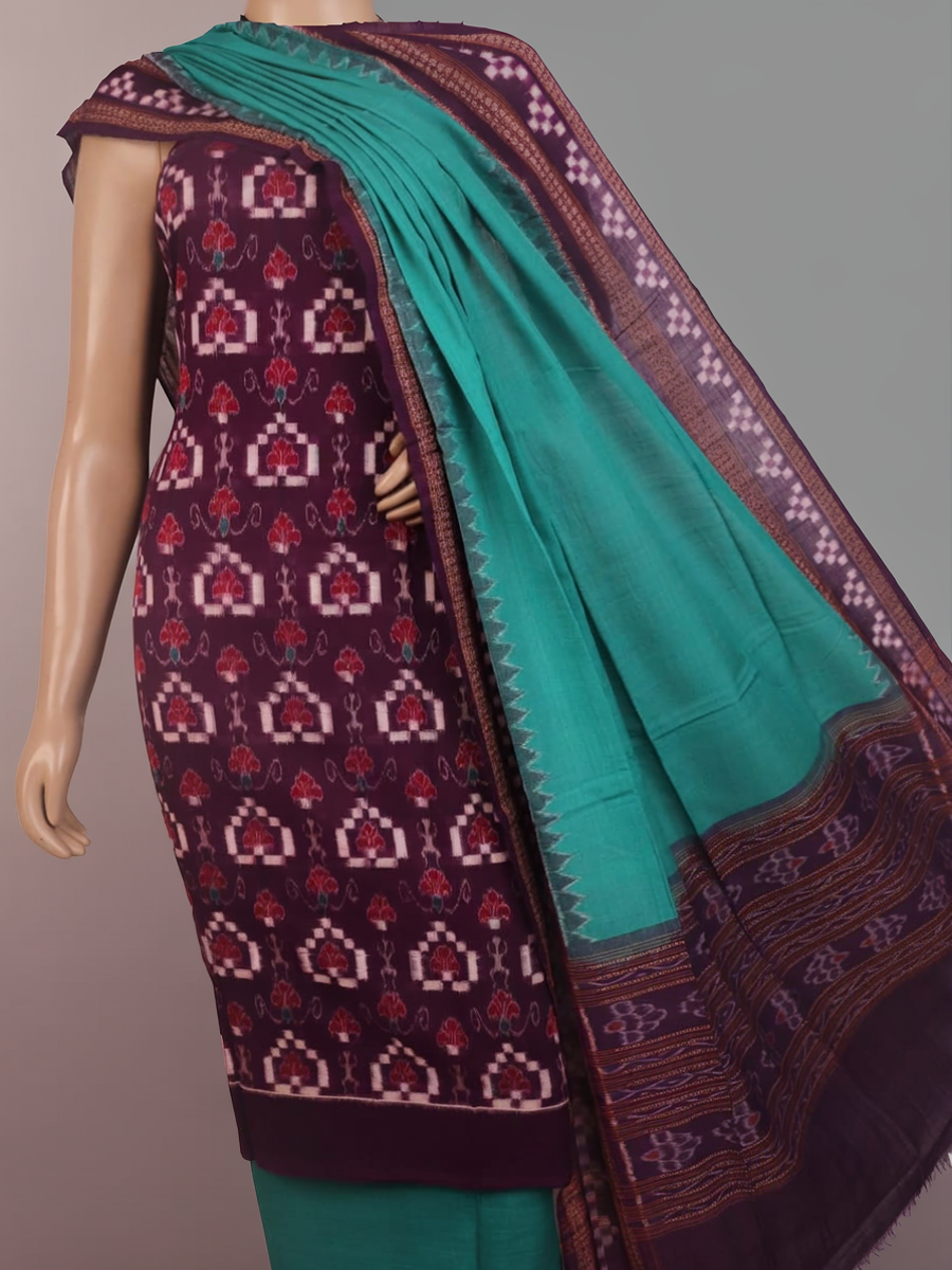 Detail of the purple and green Sambalpuri Pasapalli cotton dress material's blouse piece.