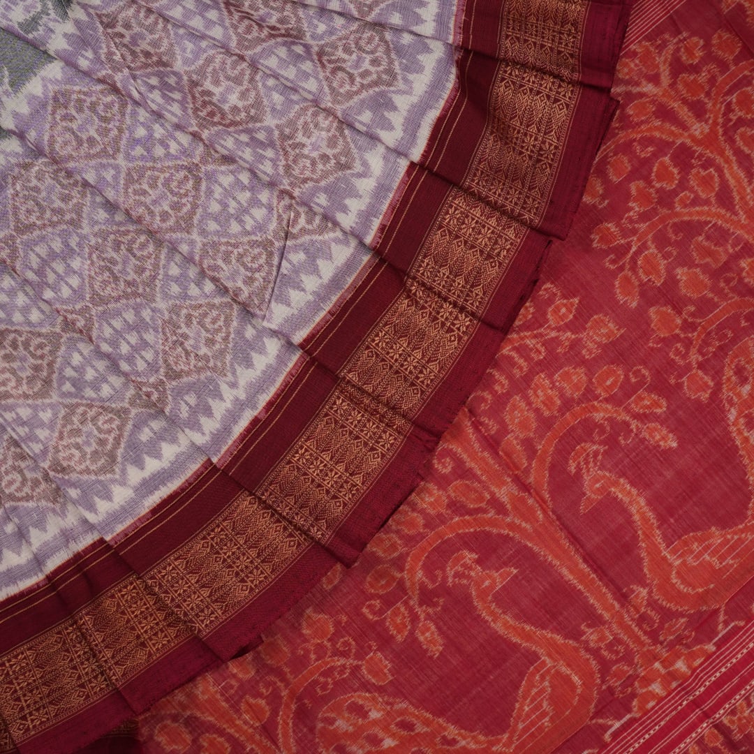 Full layout of a multi-color and maroon Sambalpuri cotton saree displaying the complete design and pallu.