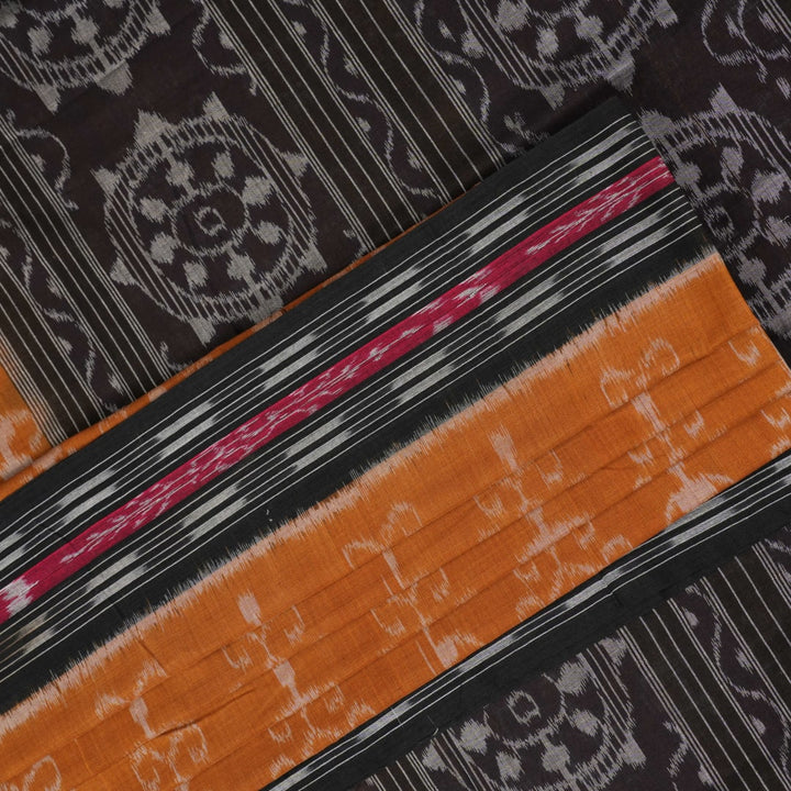 Full layout of the brown and black Sambalpuri cotton saree displaying the complete body and pallu design.