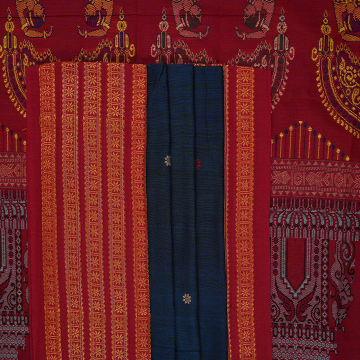 Full layout view of the blue Bomkai cotton saree with red borders and intricate handloom butta work.