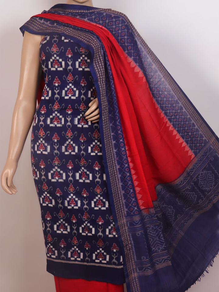 Sambalpuri cotton dress material: Detail of the blue and red Pasapalli patterned blouse piece.