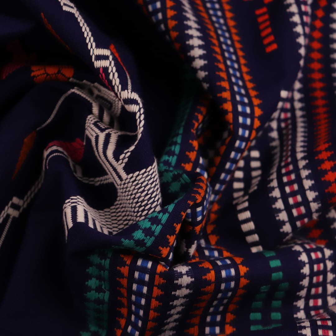 Full view of a blue and orange cotton Berhampuri saree with a butta pattern