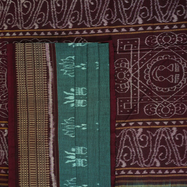Full flat layout of green and maroon Sambalpuri cotton saree showcasing the complete body and pallu motifs.