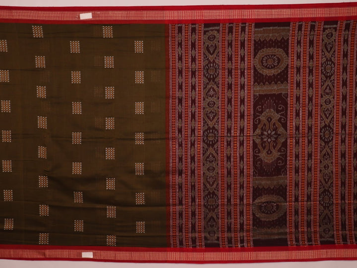 Full view of a green and red Bomkai cotton handloom saree with a butta pattern.