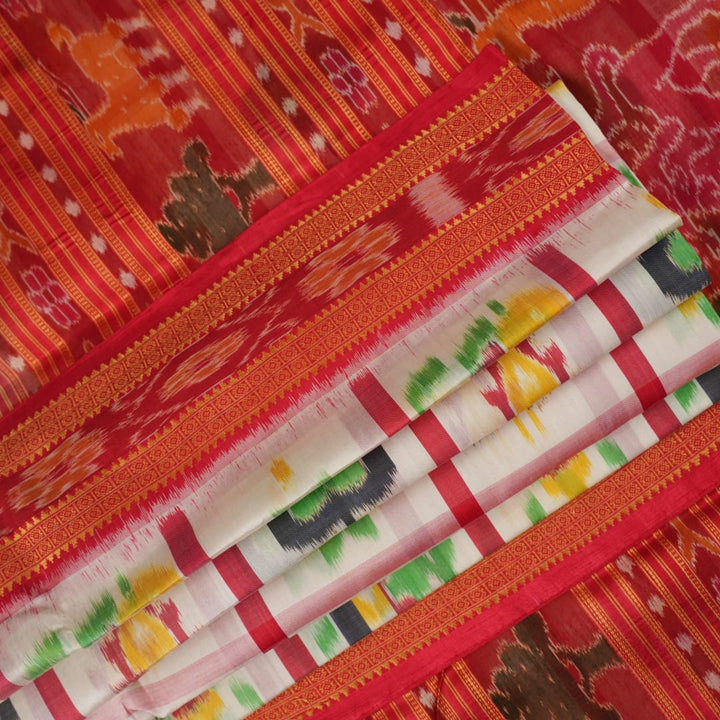 Model styled in a white and red Khandua silk saree showcasing its elegant fall and traditional Odia motifs.