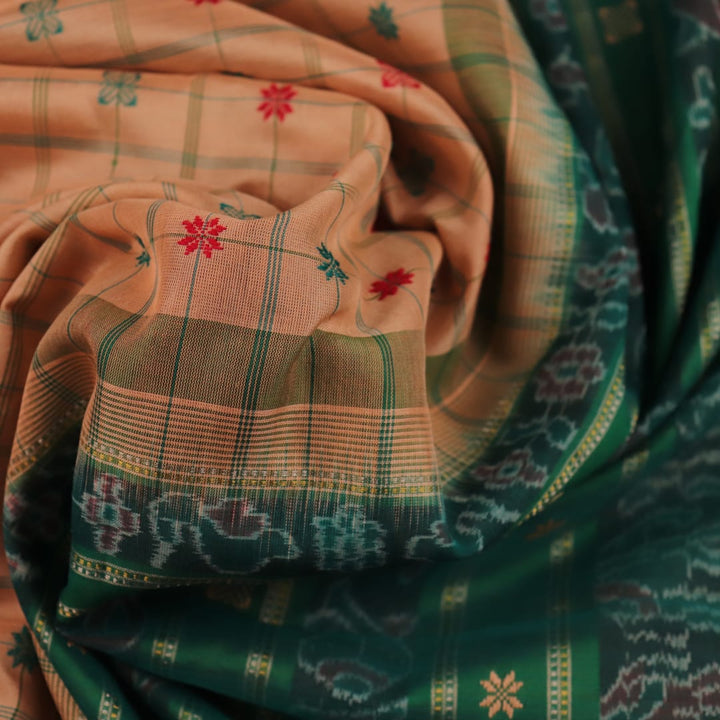 Full view of a Cream and Green Cotton Sambalpuri Butta Saree