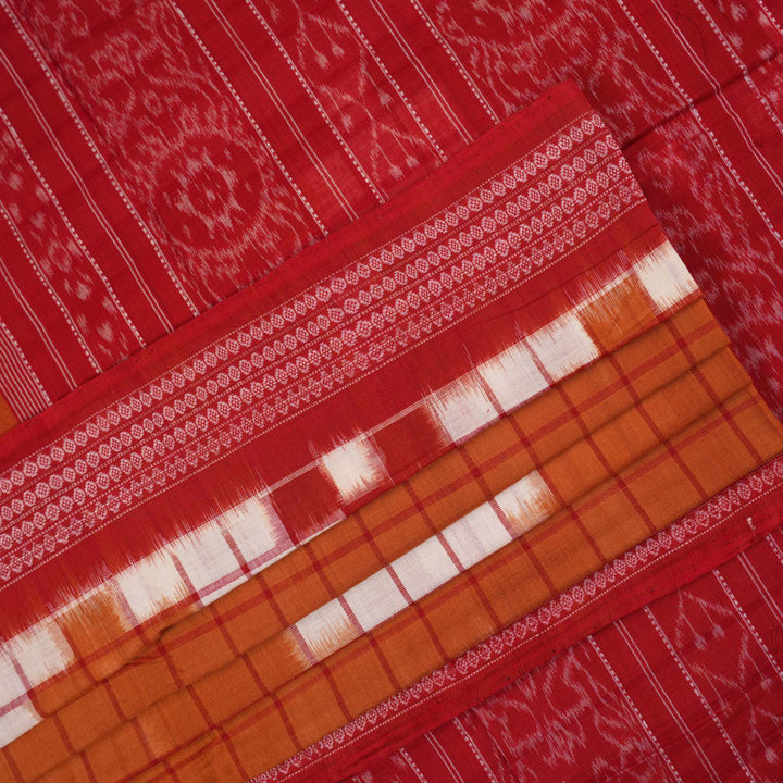 Elegant drape of a brown and red Pasapalli Sambalpuri cotton saree on a model for styling