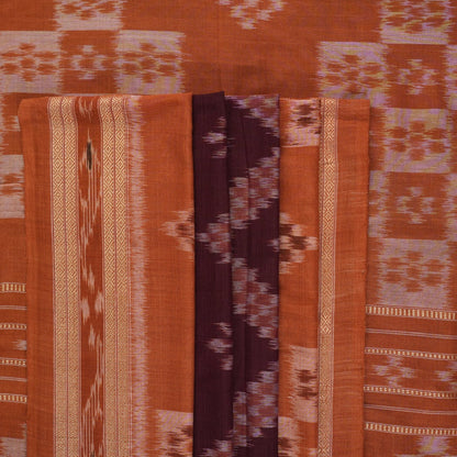 Model draped in a maroon and brown Sambalpuri cotton saree showcasing traditional Odisha handloom style.