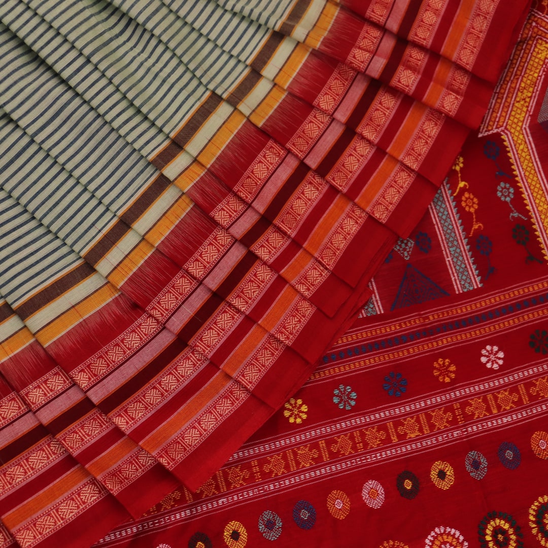 Full length view of a handloom grey and red striped Dolabedi cotton saree.