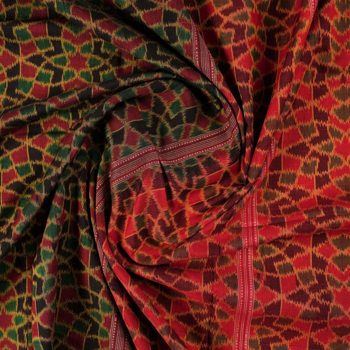 Full layout of red multi-color Sambalpuri cotton saree showcasing the overall ikat pattern and pallu design.