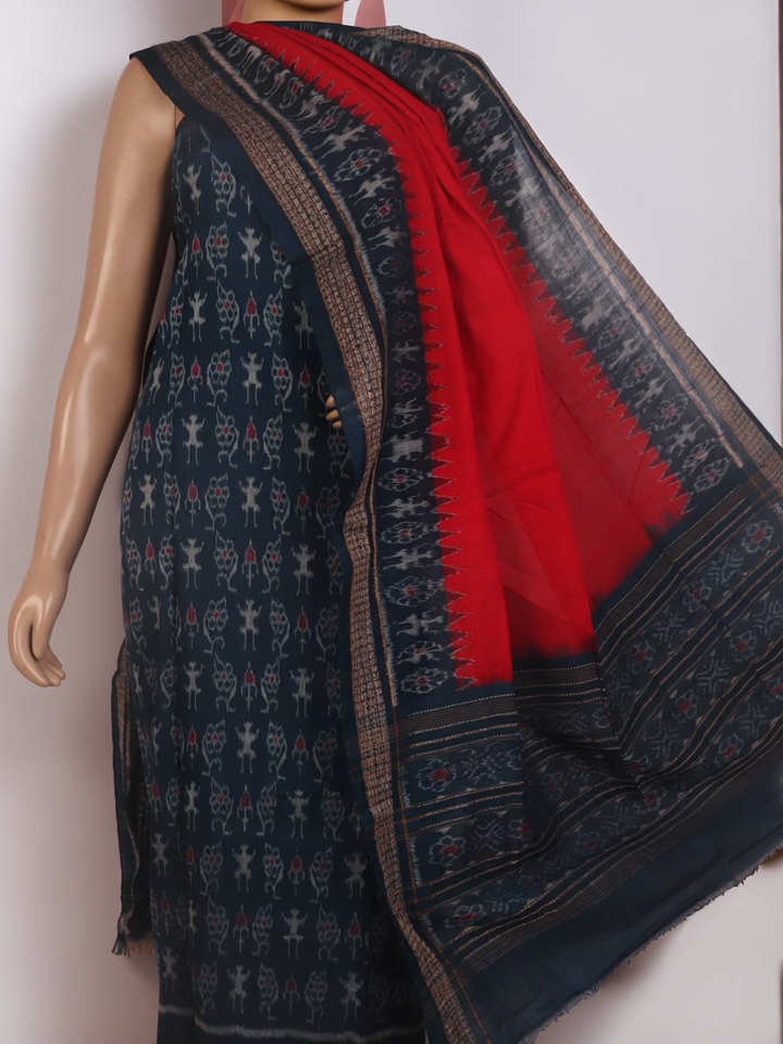 Blue Sambalpuri cotton dress material: Detail of red motif blouse piece.