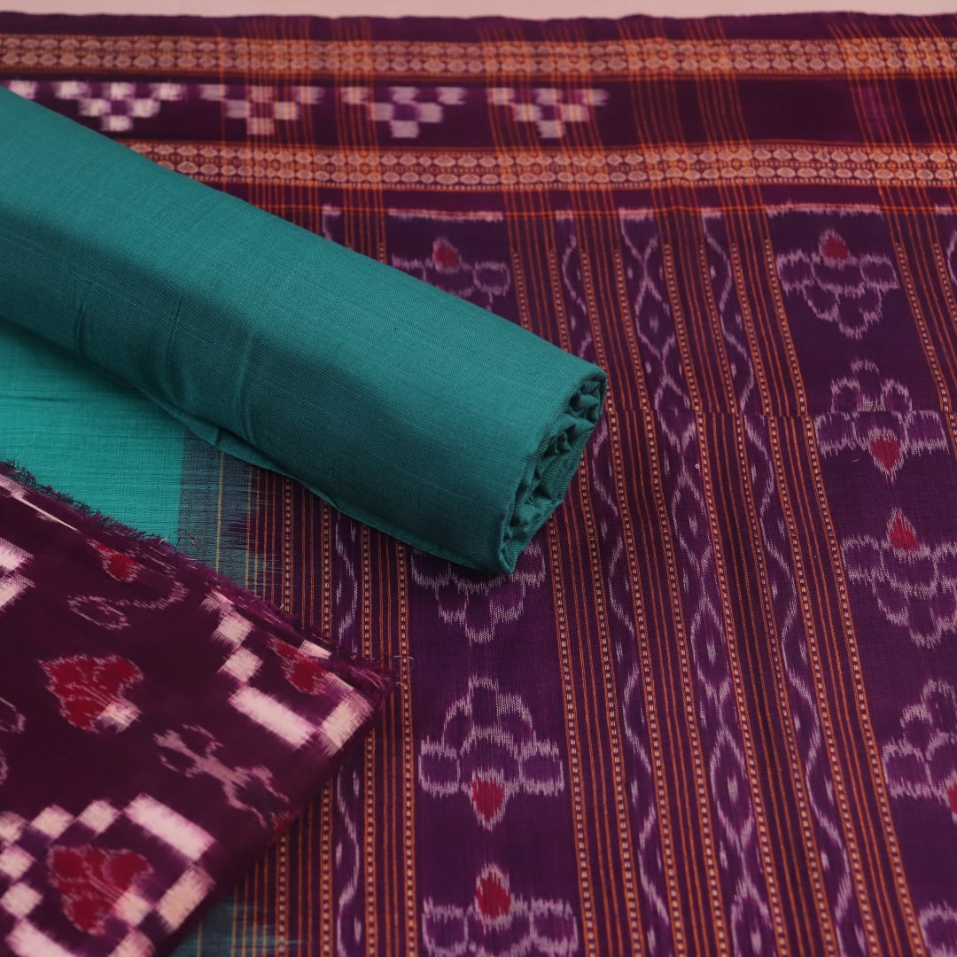 Detail of the purple and green Sambalpuri Pasapalli cotton dress material's blouse piece.