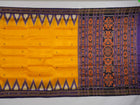 Full styling view of a model draped in a vibrant yellow and blue handloom Khandua silk saree with butta work.