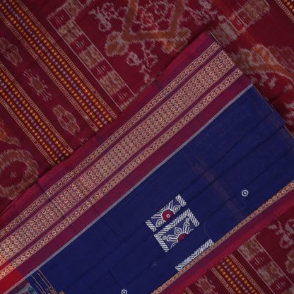 Full layout of the blue and maroon Bomkai cotton saree showing the complete body, border, and pallu.