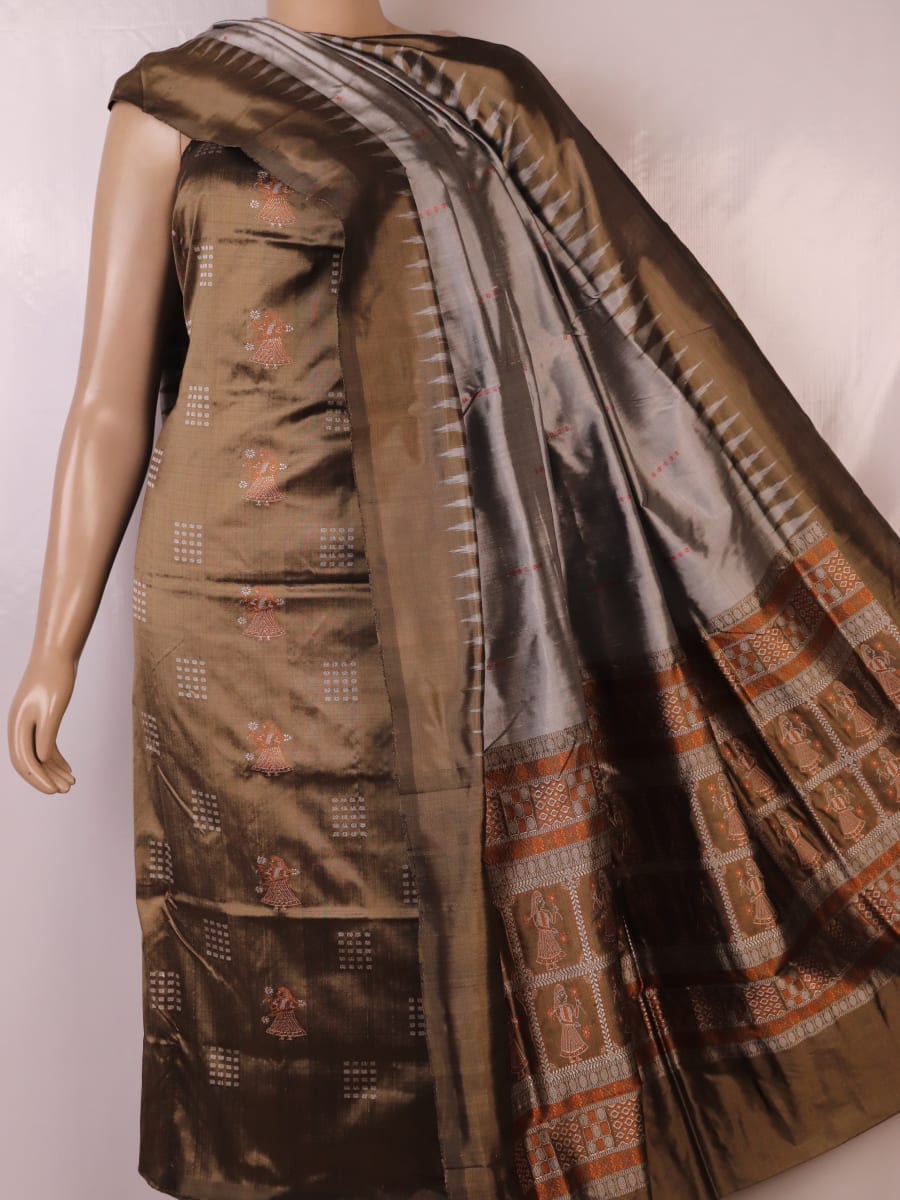 Detail of grey Bomkai silk blouse piece with butta pattern for dress material.
