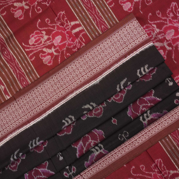 Full layout of the black and brown Sambalpuri cotton saree displaying motifs across the body and pallu.