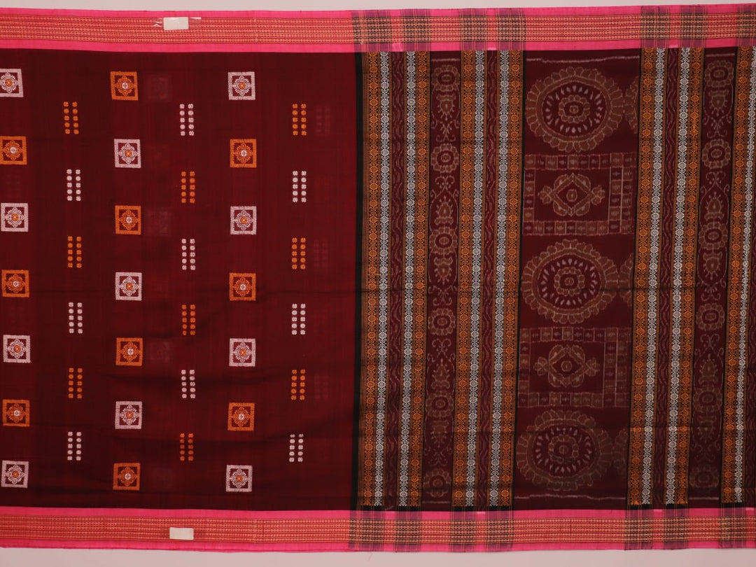 Full view of maroon cotton Bomkai saree with pink butta weave