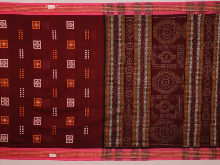 Full view of maroon cotton Bomkai saree with pink butta weave