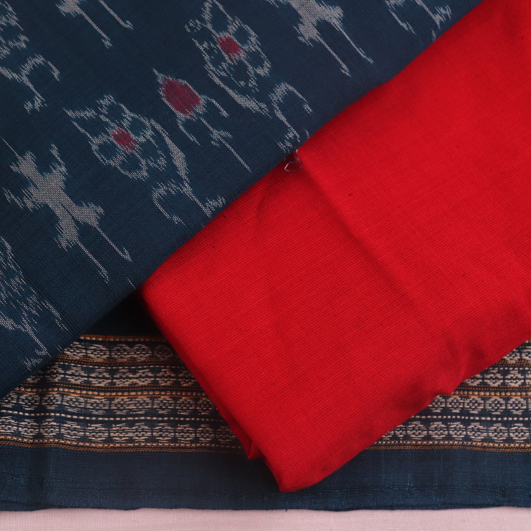 Blue Sambalpuri cotton dress material: Detail of red motif blouse piece.