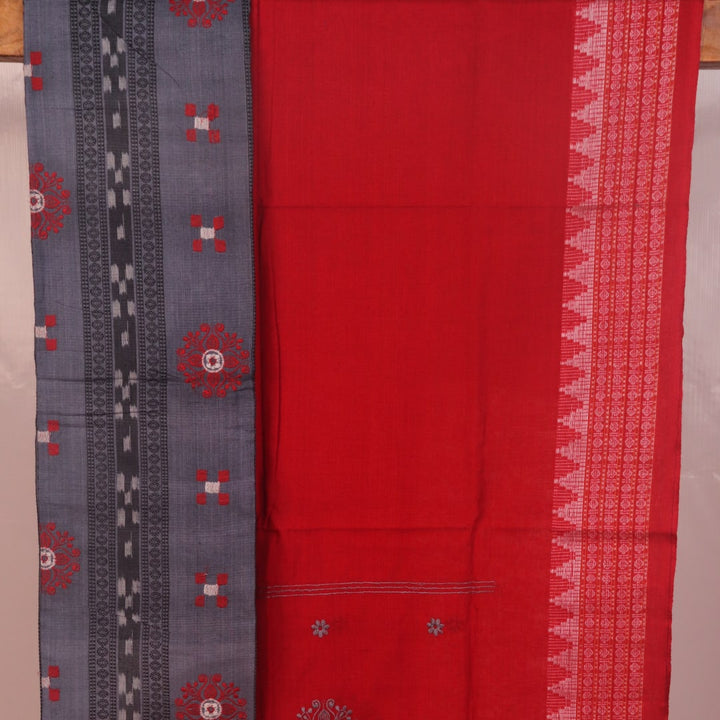 Sambalpuri cotton dress material blouse piece in grey and red with motifs.
