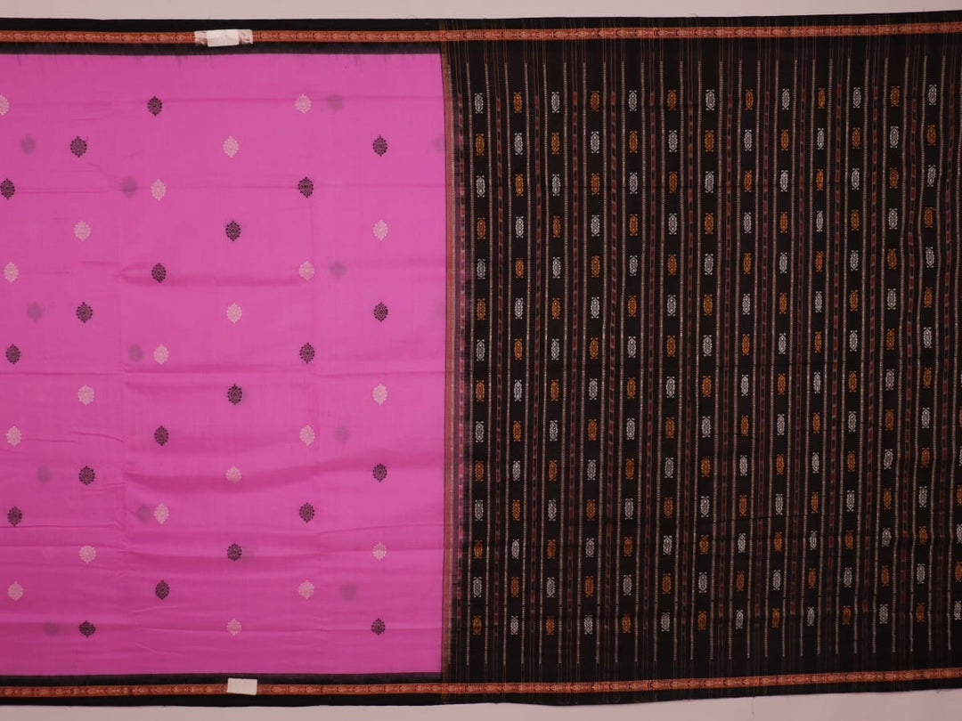 Full view of a pink and black Bomkai cotton saree with a butta pattern and intricate border.